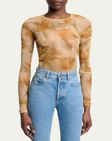 Saint Laurent Floral-Print Mesh Long-Sleeve Top | Thumbnail 4