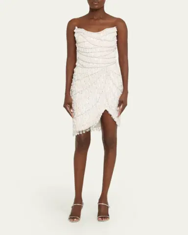 PAMELLA ROLAND Strapless Fringe Embroidered Tulle Mini Cocktail Dress | Thumbnail 2