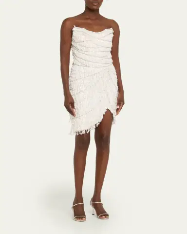 PAMELLA ROLAND Strapless Fringe Embroidered Tulle Mini Cocktail Dress | Thumbnail 4