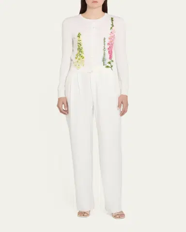 Oscar de la Renta Floral Embroidered Wool Crewneck Cardigan | Thumbnail 2
