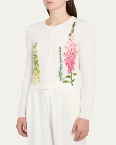 Oscar de la Renta Floral Embroidered Wool Crewneck Cardigan | Thumbnail 4