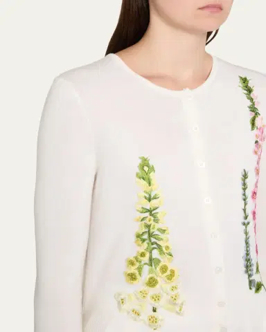 Oscar de la Renta Floral Embroidered Wool Crewneck Cardigan | Thumbnail 5