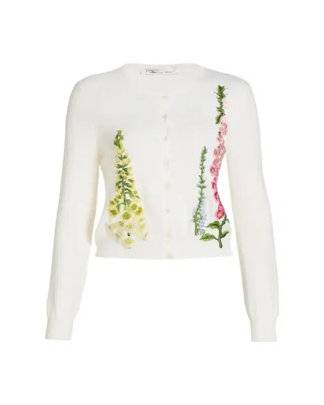 Floral Embroidered Wool Crewneck Cardigan