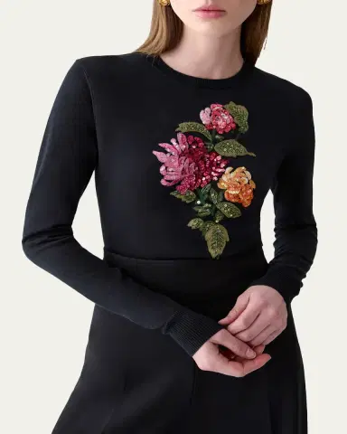 Carolina Herrera Floral Embroidered Silk-Cotton Crewneck Sweater | Thumbnail 4 Carolina Herrera Floral Embroidered Silk-Cotton Crewneck Sweater | Thumbnail 4