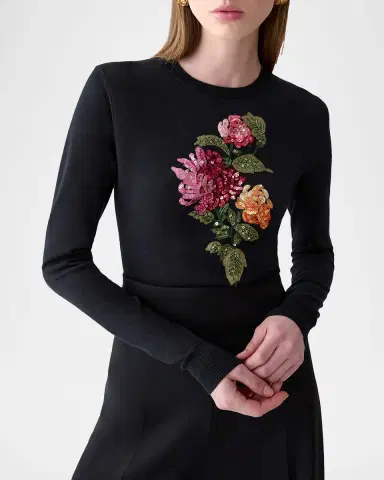 Carolina Herrera Floral Embroidered Silk-Cotton Crewneck Sweater | Thumbnail 7 Carolina Herrera Floral Embroidered Silk-Cotton Crewneck Sweater | Thumbnail 7