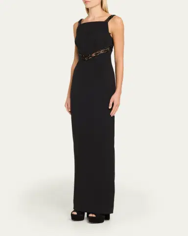 PAMELLA ROLAND Embroidered Inset Sleeveless Crepe Gown | Thumbnail 4 PAMELLA ROLAND Embroidered Inset Sleeveless Crepe Gown | Thumbnail 4