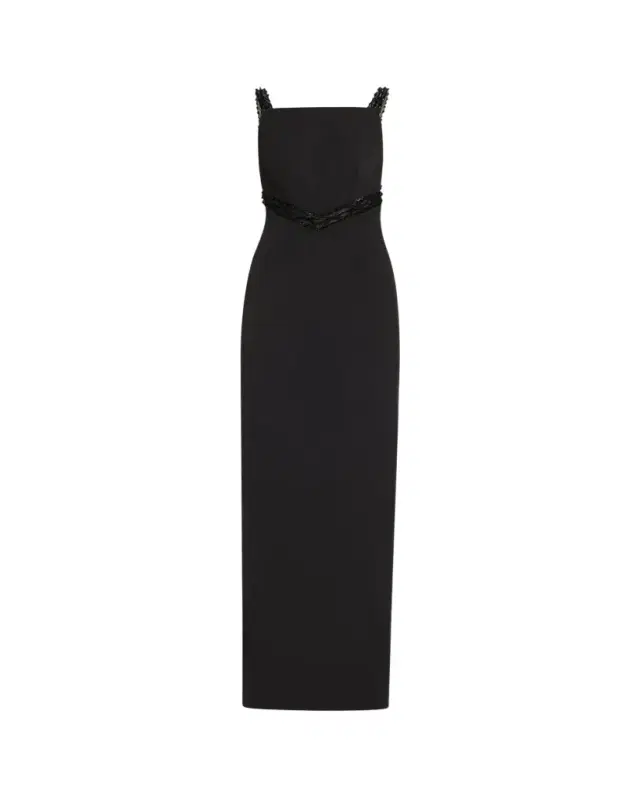 Pamella Roland Embroidered Inset Sleeveless Crepe Gown