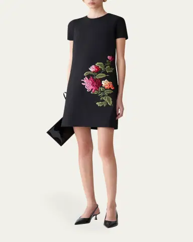 Carolina Herrera Floral Embroidered Wool Mini Shift Dress | Thumbnail 2