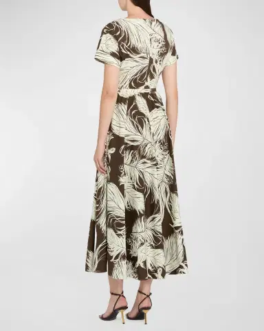 Oscar de la Renta Feather-Print Short-Sleeve Belted Fit-&-Flare Ankle Dress | Thumbnail 2 Oscar de la Renta Feather-Print Short-Sleeve Belted Fit-&-Flare Ankle Dress | Thumbnail 2