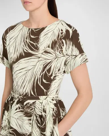 Oscar de la Renta Feather-Print Short-Sleeve Belted Fit-&-Flare Ankle Dress | Thumbnail 4 Oscar de la Renta Feather-Print Short-Sleeve Belted Fit-&-Flare Ankle Dress | Thumbnail 4