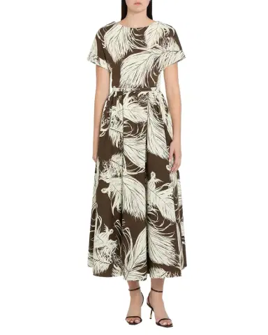 Oscar de la Renta Feather-Print Short-Sleeve Belted Fit-&-Flare Ankle Dress | Thumbnail 1 Oscar de la Renta Feather-Print Short-Sleeve Belted Fit-&-Flare Ankle Dress | Thumbnail 1