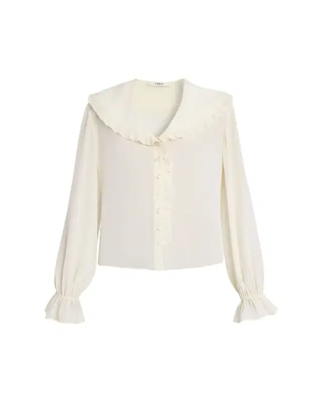 Bertha-Collar Ruffle Button-Down Silk Blouse