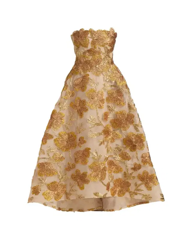 Metallic Floral Embroidered High-Low Strapless Gown