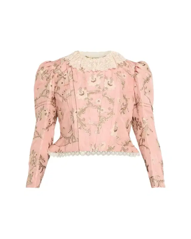 Floral-Jacquard Lace-Collar Jacket