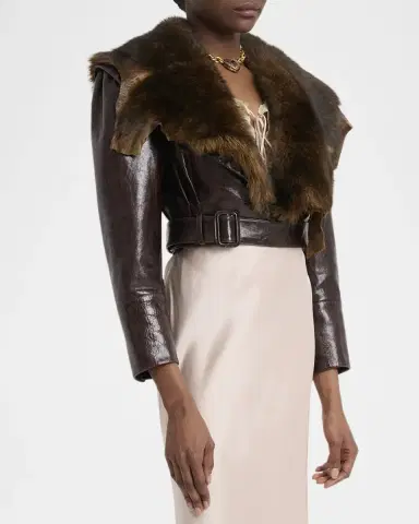 Chloé Shiny Leather Crop Moto Jacket With Removable Lamb Shearling Collar | Thumbnail 8 Chloé Shiny Leather Crop Moto Jacket With Removable Lamb Shearling Collar | Thumbnail 8