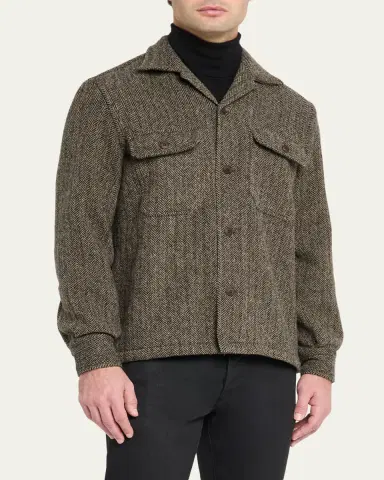 Salvatore Piccolo Men's Herringbone Wool Dual-Pocket Overshirt | Thumbnail 4 Salvatore Piccolo Men's Herringbone Wool Dual-Pocket Overshirt | Thumbnail 4