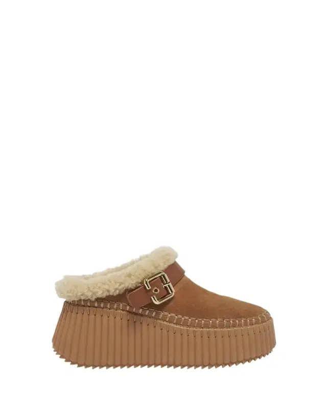 Chloe Nama Suede Shearling-Lined Platform Clogs
