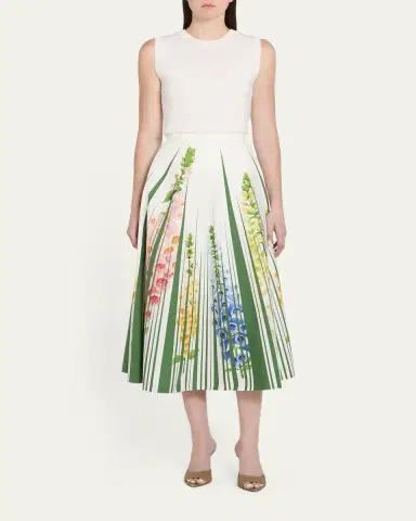 Oscar de la Renta Foxgloves Cotton Popline A-Line Midi Skirt | Thumbnail 2