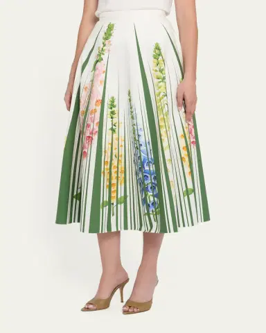Oscar de la Renta Foxgloves Cotton Popline A-Line Midi Skirt | Thumbnail 4