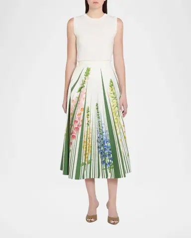 Oscar de la Renta Foxgloves Cotton Popline A-Line Midi Skirt | Thumbnail 6
