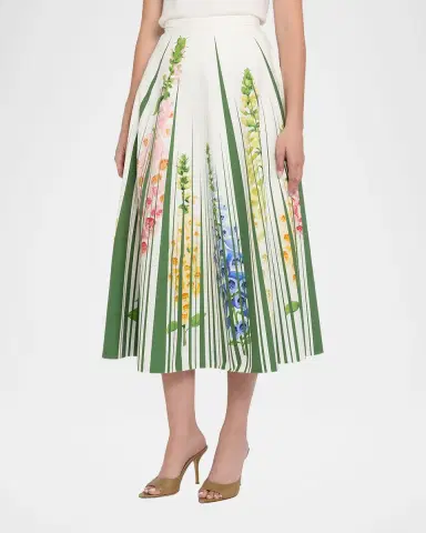 Oscar de la Renta Foxgloves Cotton Popline A-Line Midi Skirt | Thumbnail 8