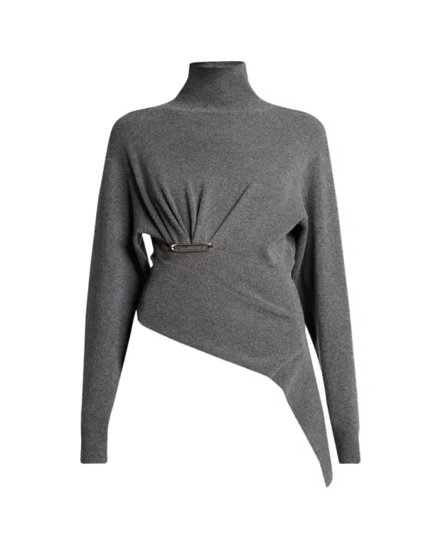 Asymmetric Safety-Pin Gathered Cashmere Turtleneck Sweater