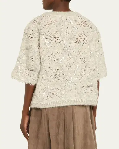 Brunello Cucinelli Pailette Mohair-Wool Short-Sleeve Sweater | Thumbnail 3