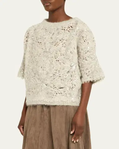 Brunello Cucinelli Pailette Mohair-Wool Short-Sleeve Sweater | Thumbnail 4