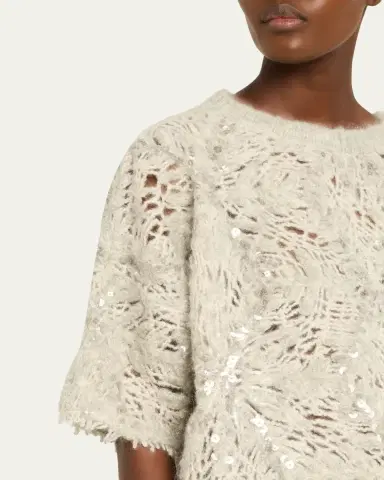 Brunello Cucinelli Pailette Mohair-Wool Short-Sleeve Sweater | Thumbnail 5