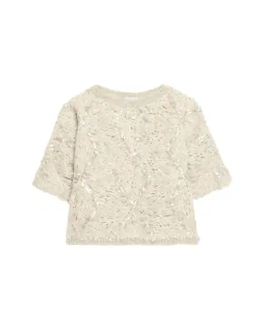 Brunello Cucinelli Pailette Mohair-Wool Short-Sleeve Sweater | Thumbnail 1