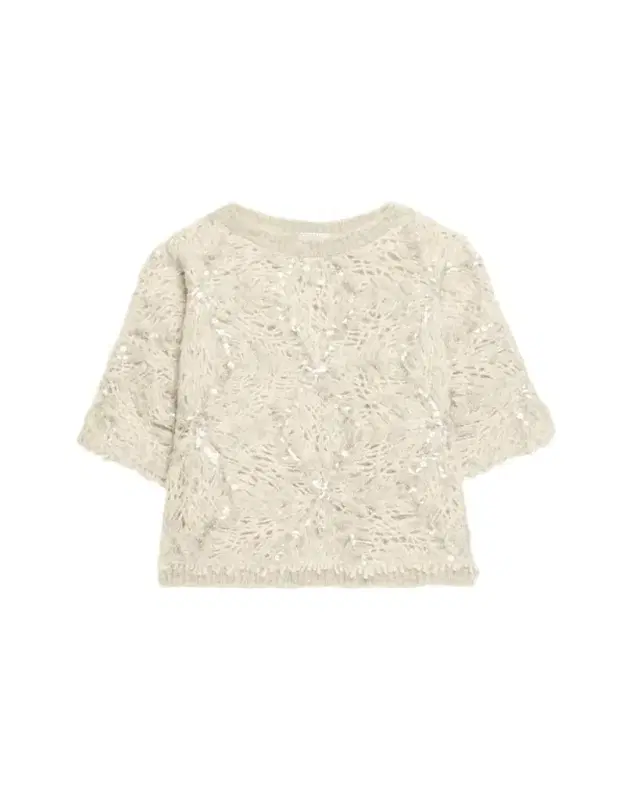 Brunello Cucinelli Pailette Mohair-Wool Short-Sleeve Sweater