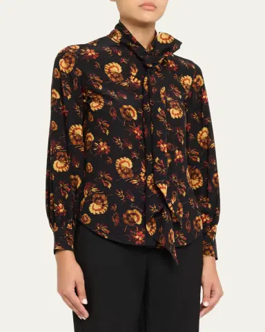 Burberry Lina Floral Silk Neck-Scarf Button-Down Shirt | Thumbnail 4