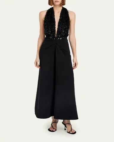 Proenza Schouler Moira Embroidered Compact Crepe Plunge-Neck Dress | Thumbnail 2