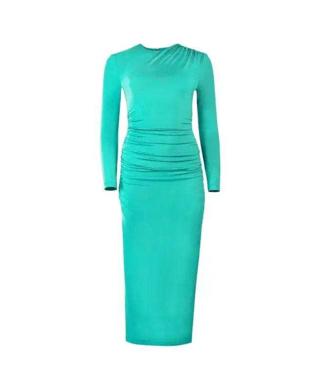Ruched Long-Sleeve Midi Dress