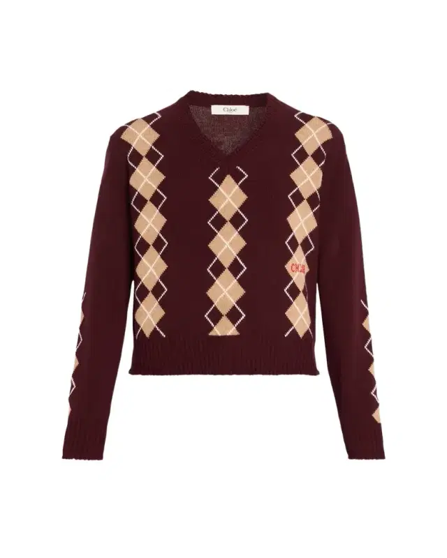 Wool-Cashmere Argyle V-Neck Sweater