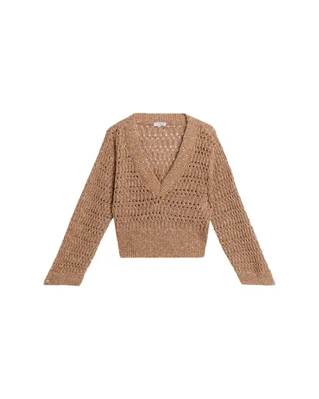 Brunello Cucinelli Openwork Braided Paillette Linen V-Neck Sweater