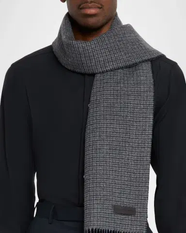 ZEGNA Men's Oasi Cashmere Check Scarf with Leather Brand Mark | Thumbnail 2