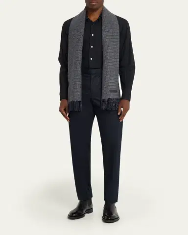 ZEGNA Men's Oasi Cashmere Check Scarf with Leather Brand Mark | Thumbnail 5
