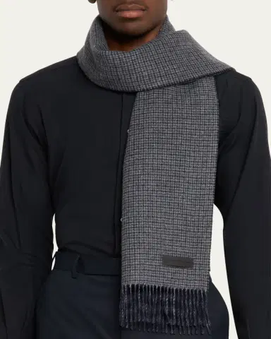 ZEGNA Men's Oasi Cashmere Check Scarf with Leather Brand Mark | Thumbnail 6