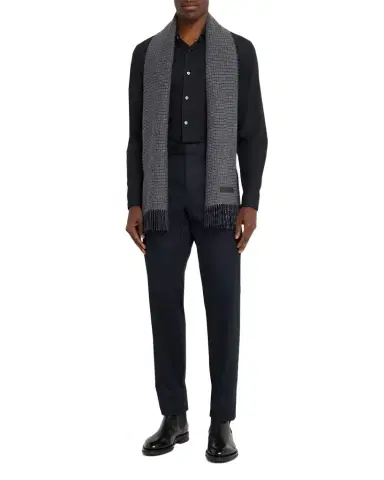 ZEGNA Men's Oasi Cashmere Check Scarf with Leather Brand Mark | Thumbnail 1