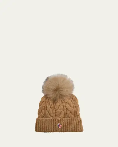 Moncler Grenoble Cable-Knit Wool-Cashmere Beanie with Shearling Pom | Thumbnail 2