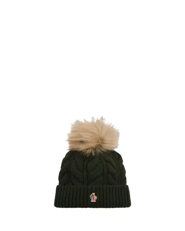 Moncler Grenoble Cable-Knit Wool-Cashmere Beanie with Shearling Pom