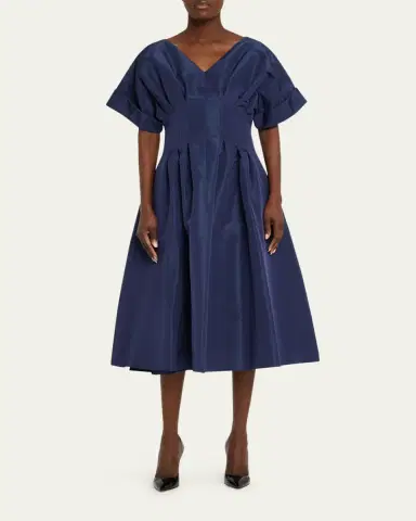 Carolina Herrera V-Neck Pleated Short-Sleeve Midi Dress | Thumbnail 2 Carolina Herrera V-Neck Pleated Short-Sleeve Midi Dress | Thumbnail 2