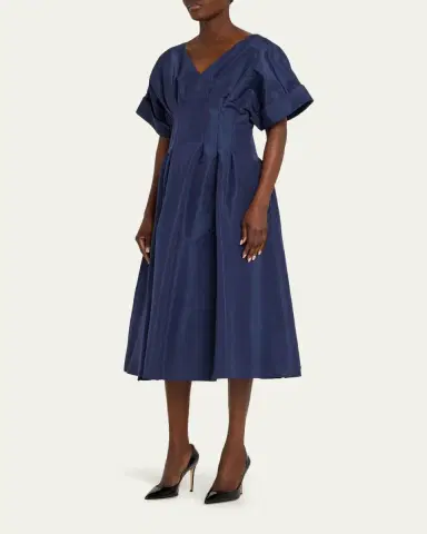 Carolina Herrera V-Neck Pleated Short-Sleeve Midi Dress | Thumbnail 4 Carolina Herrera V-Neck Pleated Short-Sleeve Midi Dress | Thumbnail 4
