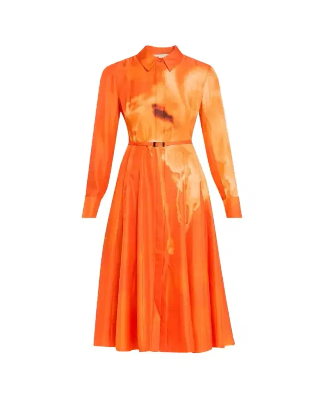 Pleated Watercolor-Print Silk Midi Shirtdress
