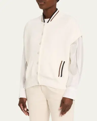 Brunello Cucinelli Organza-Sleeves English Rib Varsity Cardigan | Thumbnail 4 Brunello Cucinelli Organza-Sleeves English Rib Varsity Cardigan | Thumbnail 4