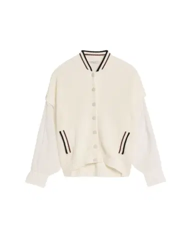 Brunello Cucinelli Organza-Sleeves English Rib Varsity Cardigan | Thumbnail 1 Brunello Cucinelli Organza-Sleeves English Rib Varsity Cardigan | Thumbnail 1