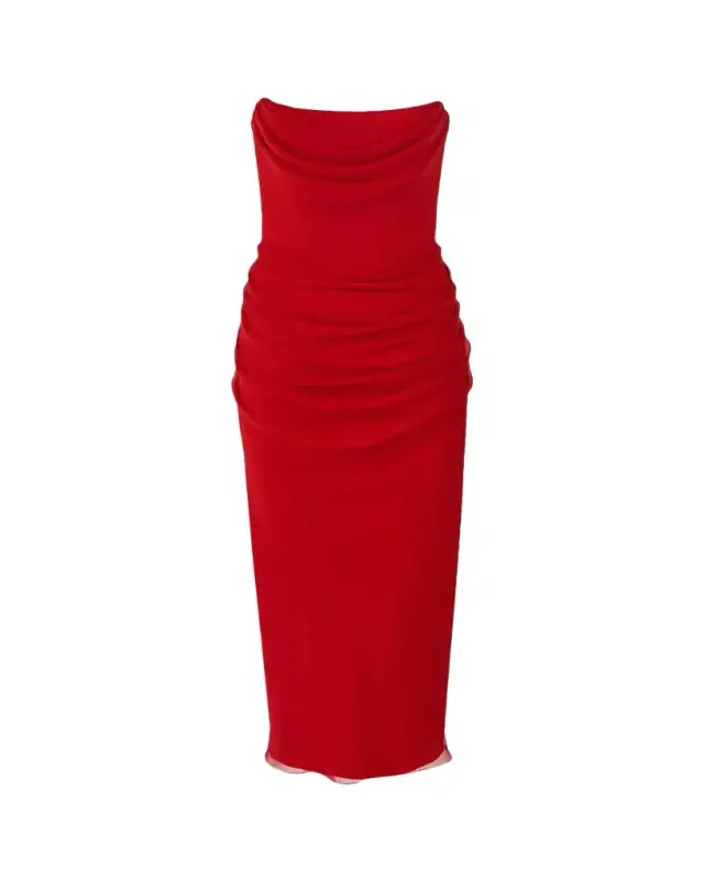 Strapless Draped Silk Midi Dress