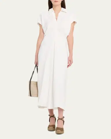 Brunello Cucinelli Draped Linen Twill Ankle Polo Dress With Monili Trim | Thumbnail 2