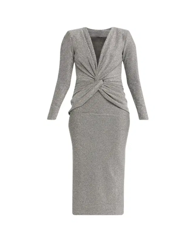 Jarra Twist-Front Shimmer Bodycon Midi Dress